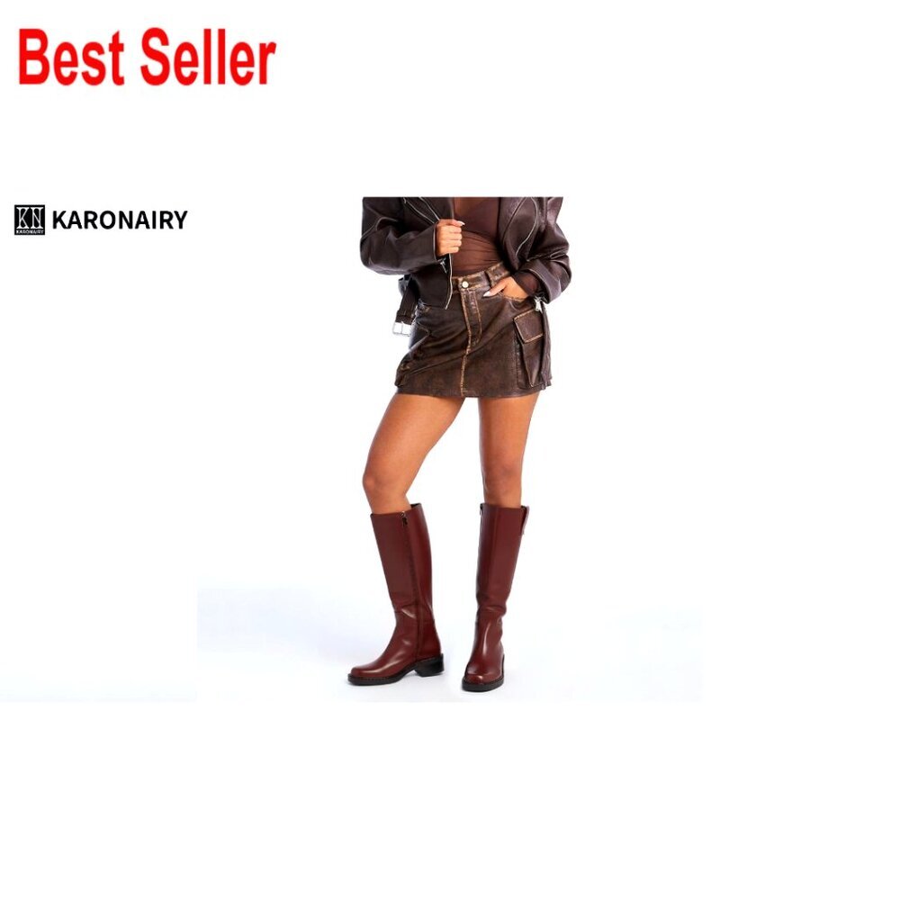 Faux Leather Knee High Boots Low Chunky Heel Round Toe Side Zipper - Picture 7 of 7